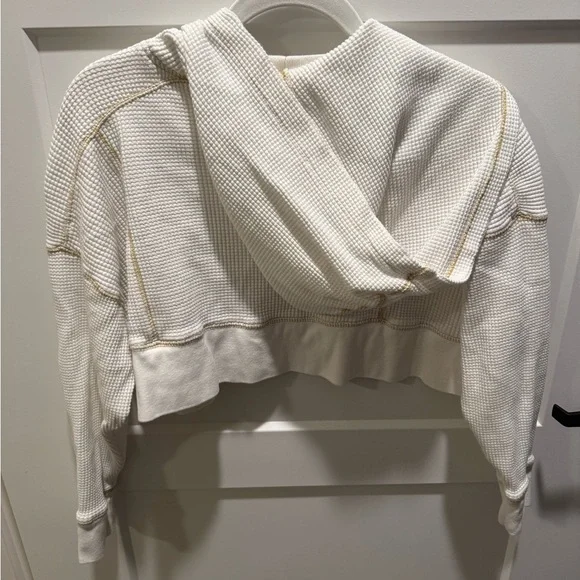 Urban Outfitters Waffle Knit Cropped Hoodie XS Cream Thermal Pullover - Picture 4 of 4
